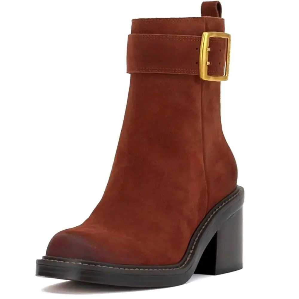 Vince Camuto Bembonie Suede Stacked Heel Bootie Buckle Ankle Boot | Sz 8, Brown - Picture 2 of 7